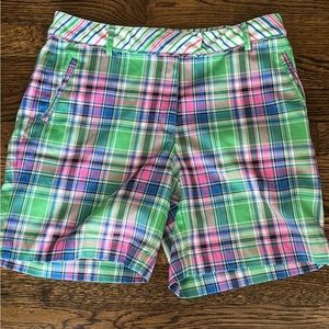Lady Hagen Golf Bermuda Shorts Plaid Pockets Flat Front Size 8 Pink Green Blue